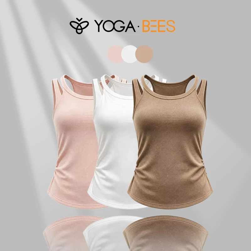 YOGA BEES Dây Đeo Đôi Tank Top Nữ Tích Hợp Áo Ngực Có Đệm Không Tay Camisole Bên Cạnh Ruched Mềm Mại Co Giãn Thể Dục Yoga Tập Luyện Hàng Ngày Vest 3 Màu