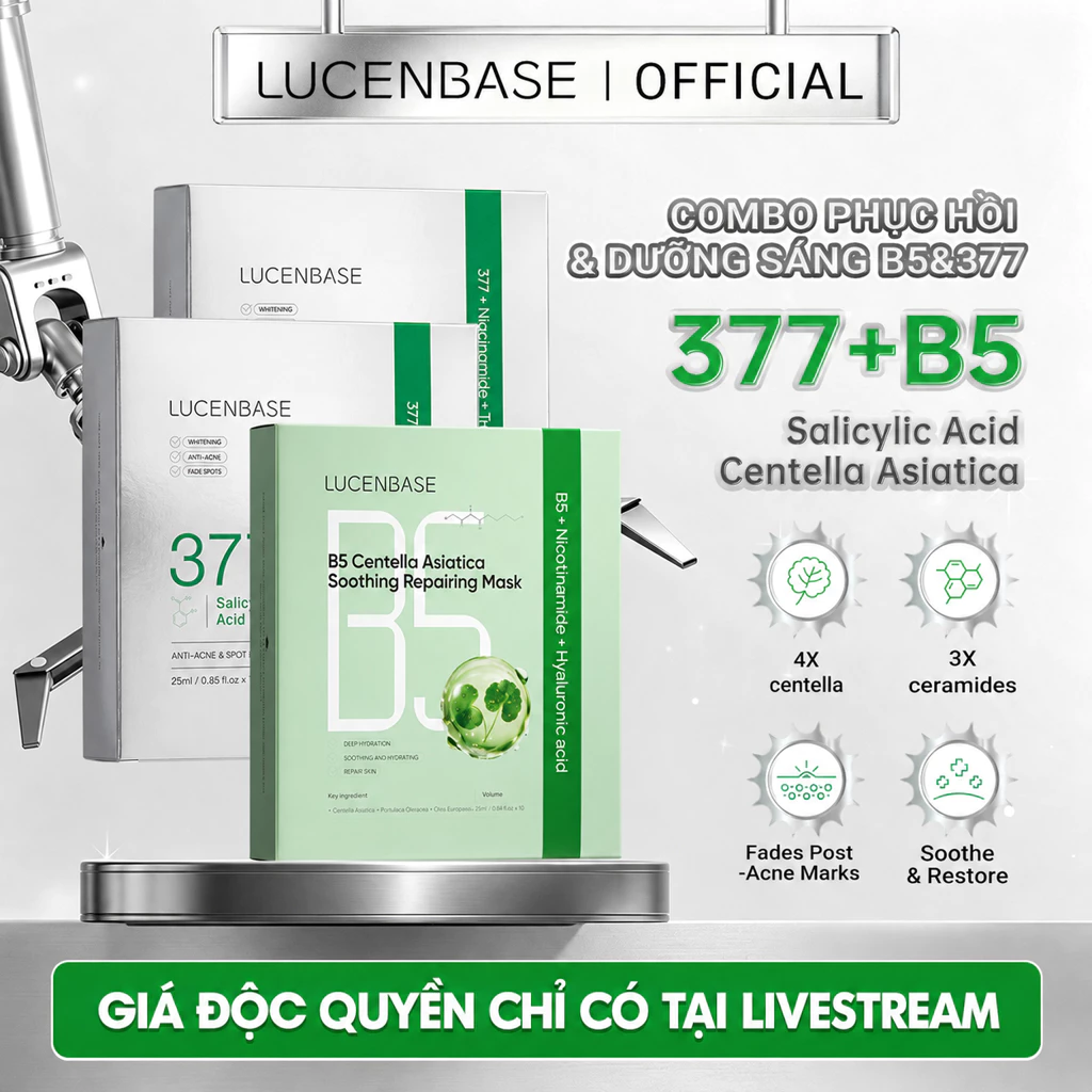 [Live Only Price] 2 hộp Mặt nạ axit Salicylic than hoạt tính LUCENBASE 377 + 1 hộp Mặt nạ sửa chữa B5 Centella Asiatica