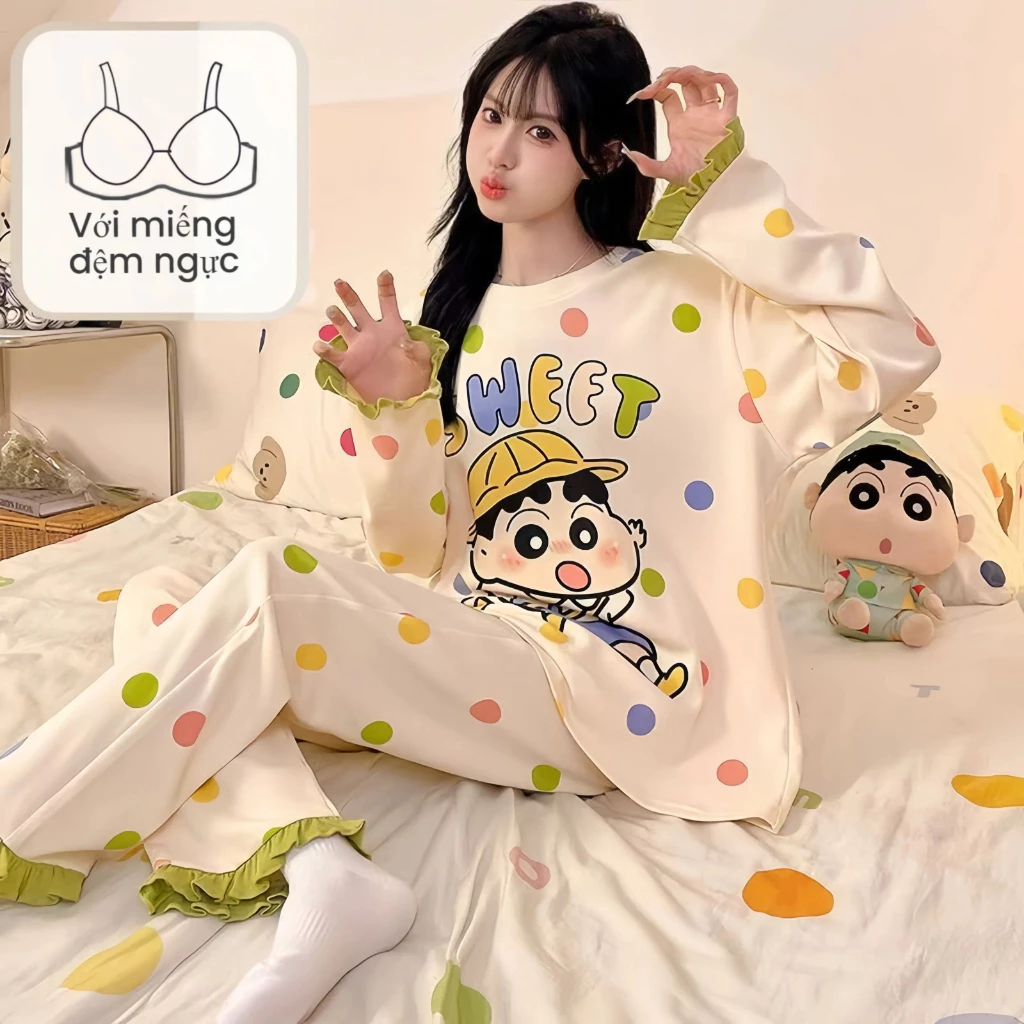 【100% cotton】Bộ Đồ Ngủ Nữ Dài Tay Có Đệm Ngực - Đồ Mặc Nhà Dáng Đẹp Có Thể Mặc Ra Ngoài, Phong Cách Dễ Thương Ngọt Ngào Cho Mùa Thu Đông