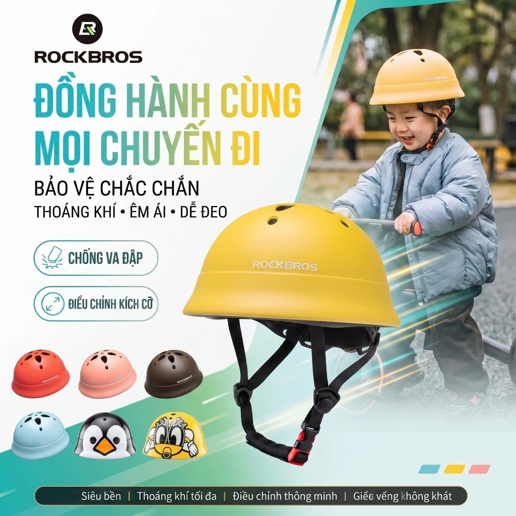 【Chính hãng】ROCKBROS Mũ Bảo Hiểm Trẻ Em 2-5 Tuổi Siêu Nhẹ 225g PC+EPS Điều Chỉnh 48-55cm 11 Lỗ Thoáng Cho Xe Đạp Scooter
