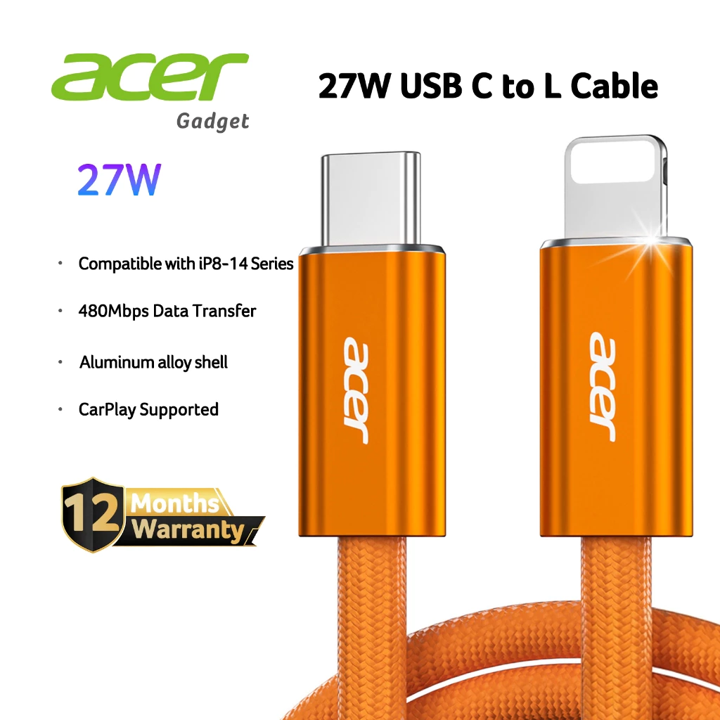 Acer Cáp sạc Type-C sang L 27W công suất thấp cáp truyền dữ liệu USB-C tốc độ truyền dữ liệu 480Mbps tương thích với iP 11/12/13/14 và máy tính bảng UC0025
