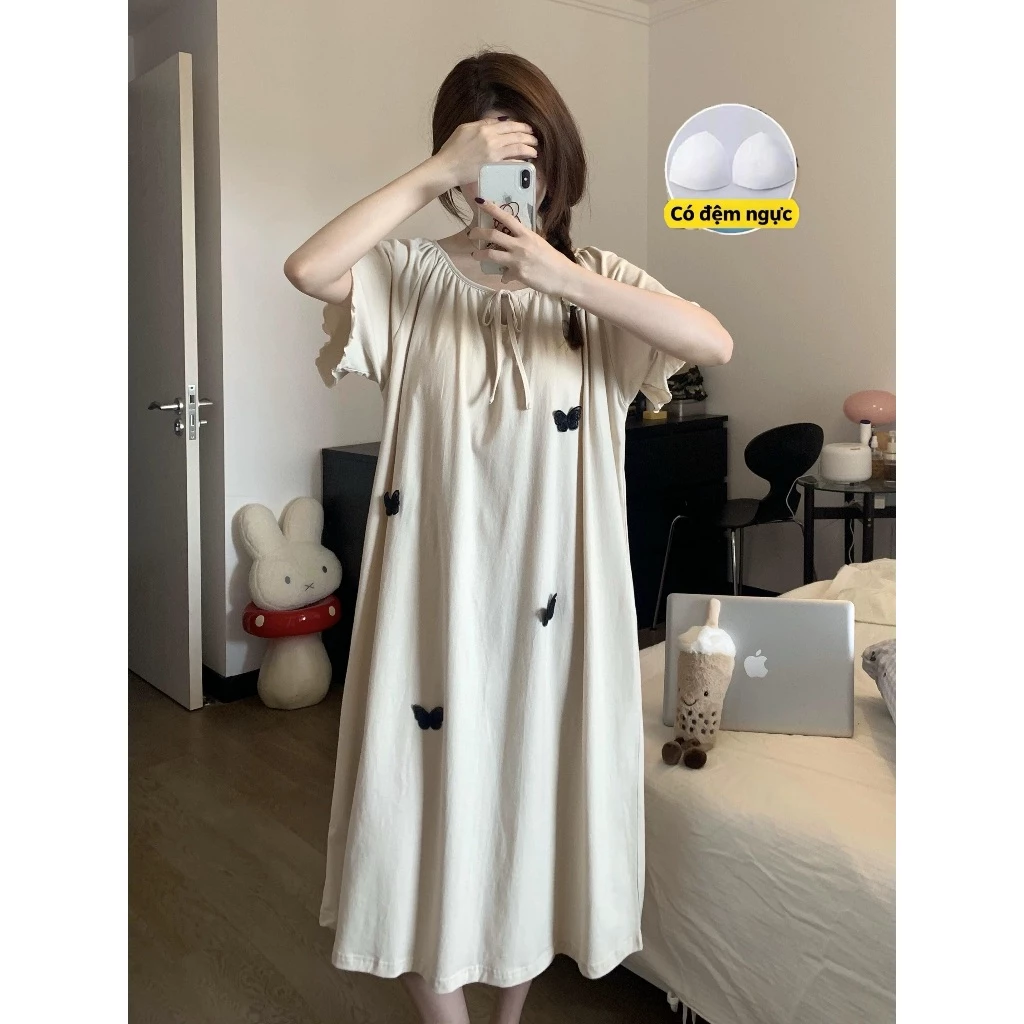 【Cotton nguyên chất - Có độn ngực】Váy ngủ mùa hè mới nhất - Dáng rộng thoáng mát - Họa tiết bướm nổi 3D xinh xắn - Dáng dài - Đồ ngủ tại nhà thoải mái - Mẫu hot bán chạy - Free ship ✅ Giao hàng trong ngày