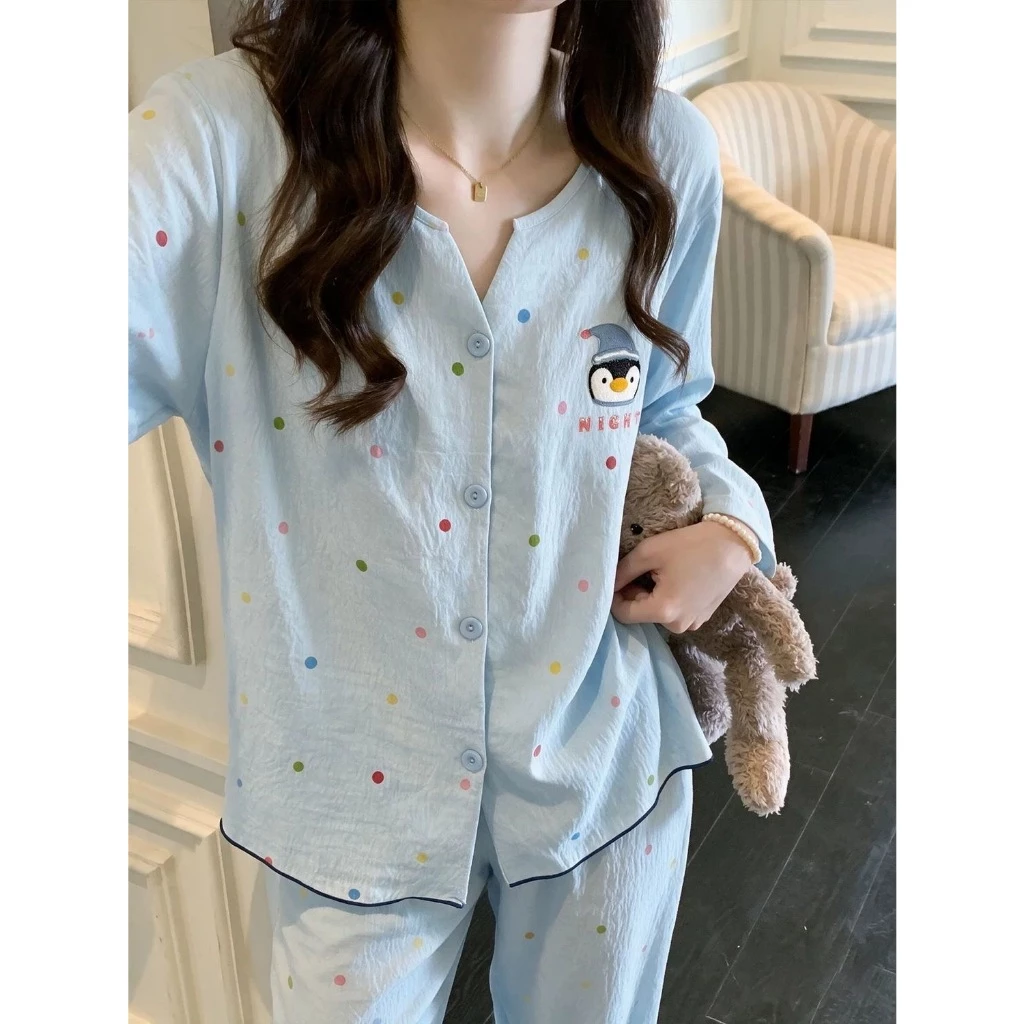 Chim cánh cụt chấm bi đồ ngủ nữ hoạt hình dễ thương bộ đồ dài tay tại nhà