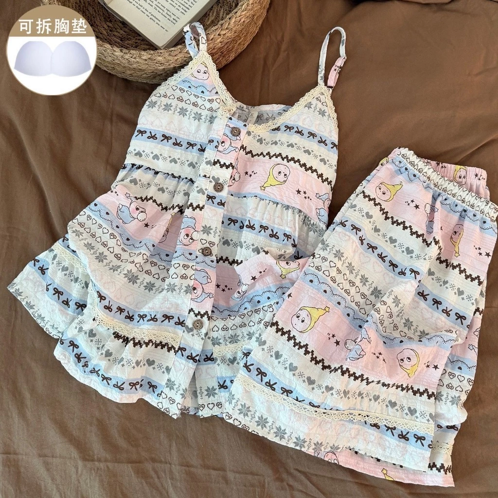 Bộ đồ ngủ hoạt hình dễ thương dành cho nữ có miếng đệm ngực quần short treo tại nhà