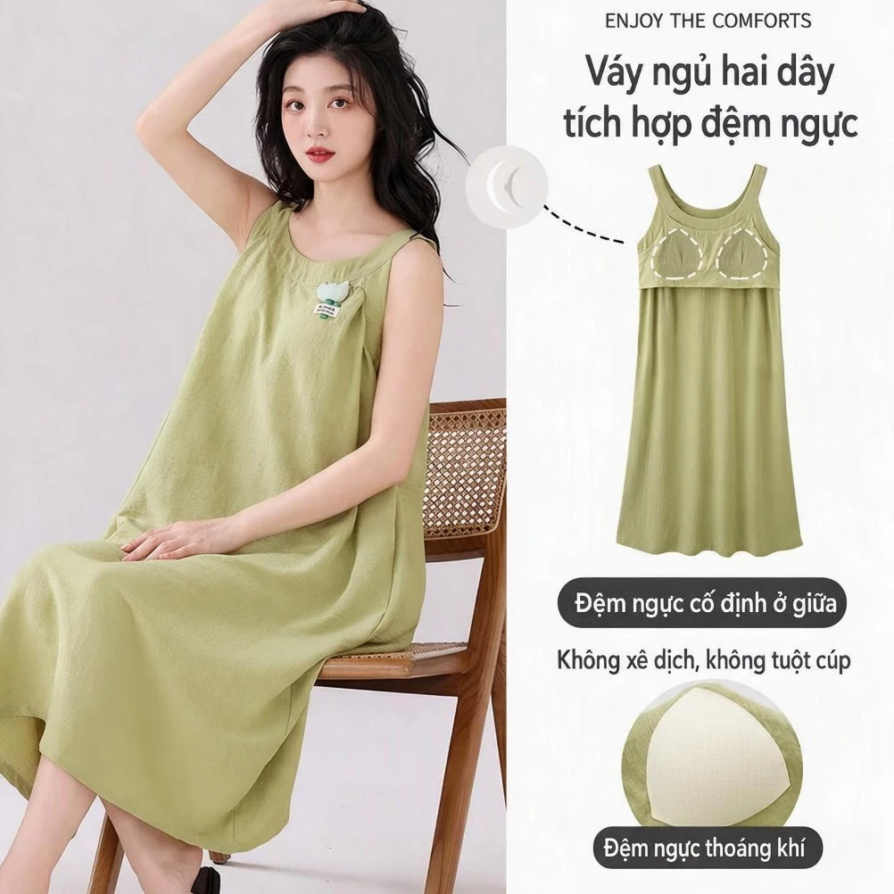 Váy ngủ🌸Đồ ngủ nữ có mút ngực🌸đũi Mùa Hè Thoáng Mát Hàn quốc Dễ thương Phong cách văn nghệ