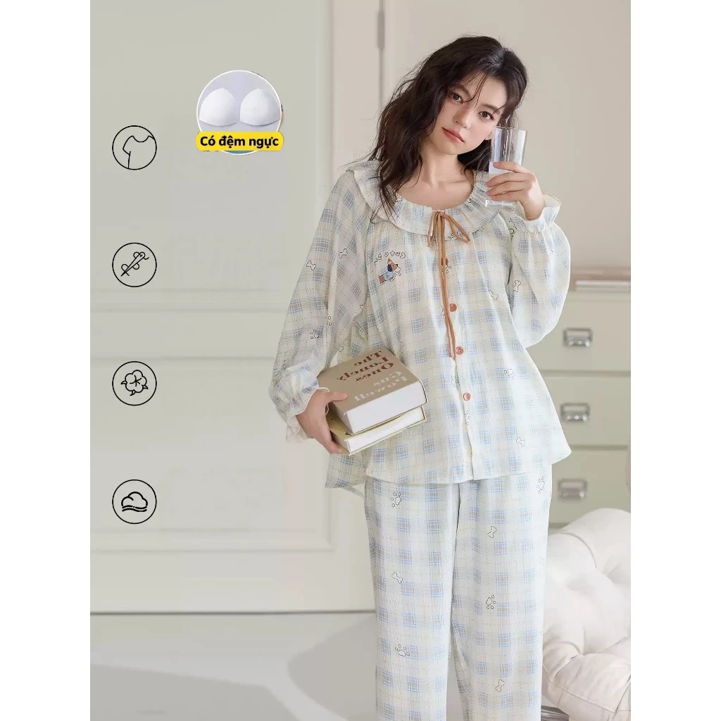 【Cotton nguyên chất - Có độn ngực】Bộ đồ ngủ mùa thu đông mới nhất - Cổ tròn viền ren xinh xắn - Áo tay dài + quần dài - Phong cách Hàn Quốc ngọt ngào - Mỏng nhẹ, thoải mái - Đồ ngủ dễ thương dành cho nữ sinh, teen - Mẫu hot bán chạy - Free ship ✅ Giao hàn