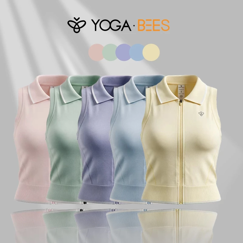 YOGA BEES Nữ Zip-Up Polo Xe Tăng Thể Thao Top Không Tay Cổ Thể Dục Áo Vest Ôm Crop Tập Yoga Top 5 Màu