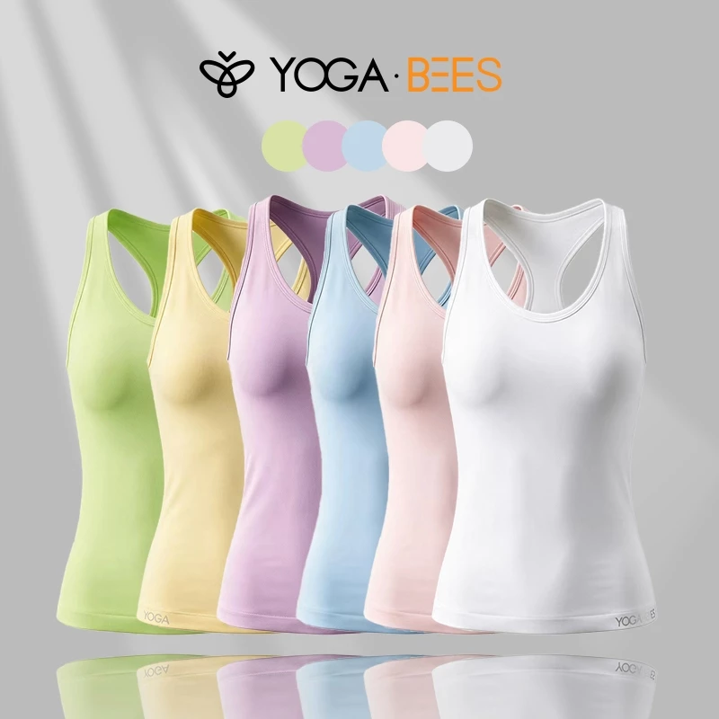 YOGA BEES Nữ Racerback Xe Tăng Thể Thao Top Tích Hợp Áo Ngực Đệm Không Tay Cổ Chữ U Slim Fitness Yoga Chạy Tập Luyện Vest 6 Màu