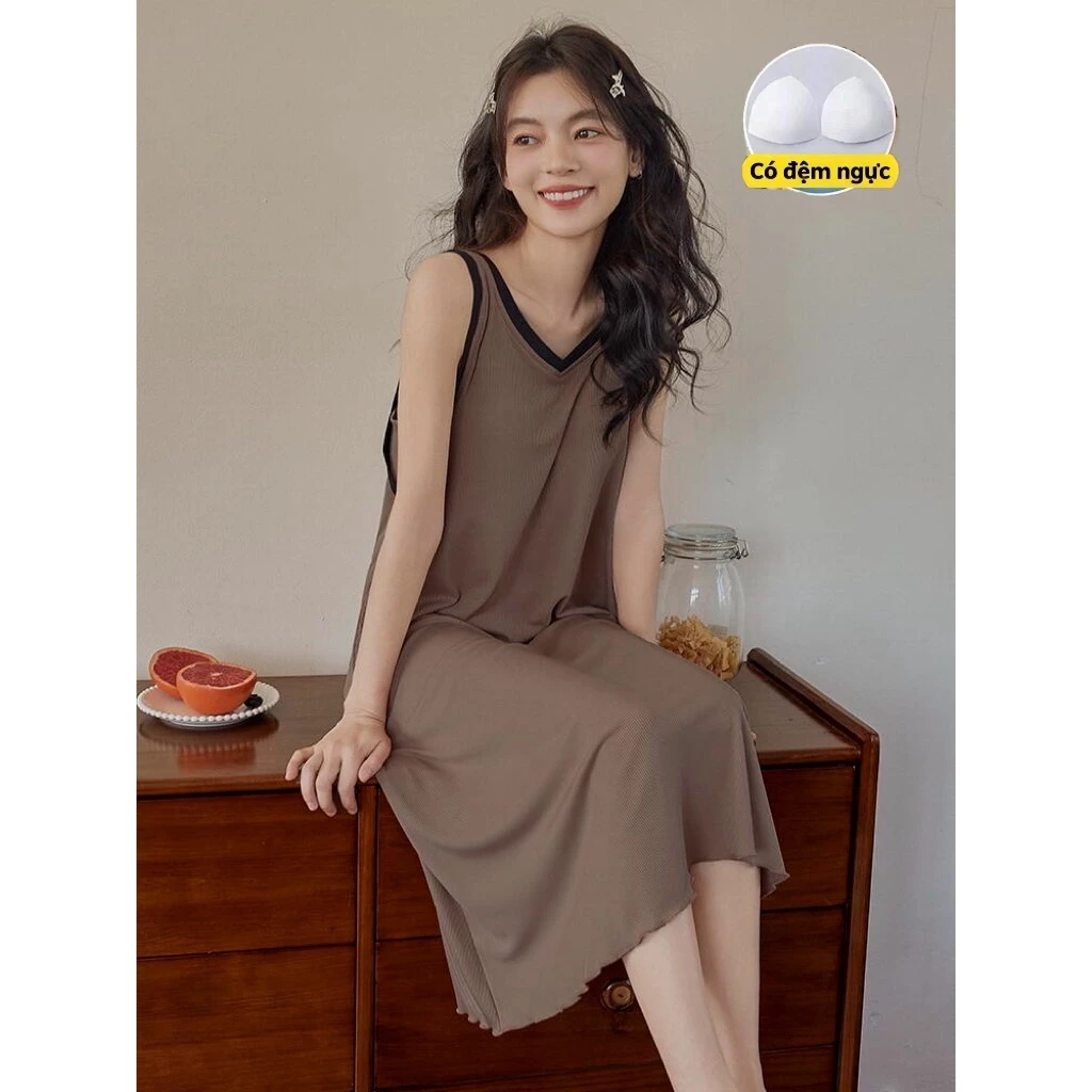 [Bán chạy] Lụa băng mùa hè có đệm ngực Váy ngủ dài không tay chống chói Váy ngủ gia đình