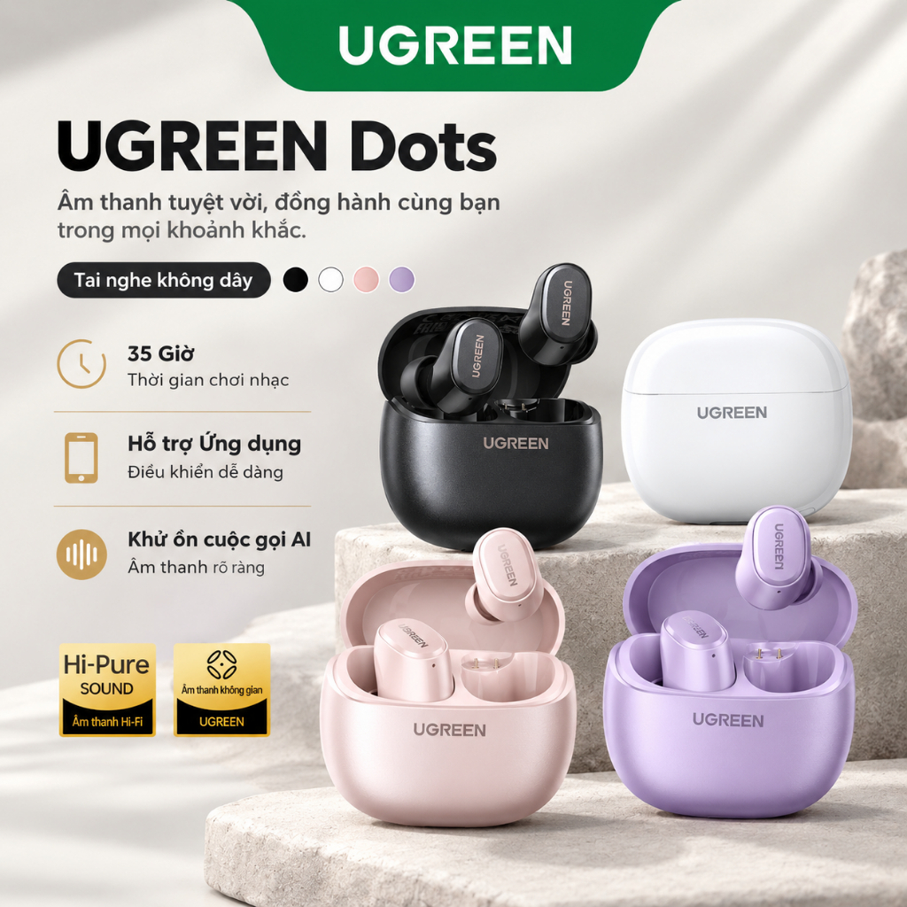 Tai nghe UGREEN Dots Bluetooth 6.0TWS Hỗ trợ 2 Mic Bộ mã âm AAC / SBC Âm thanh…