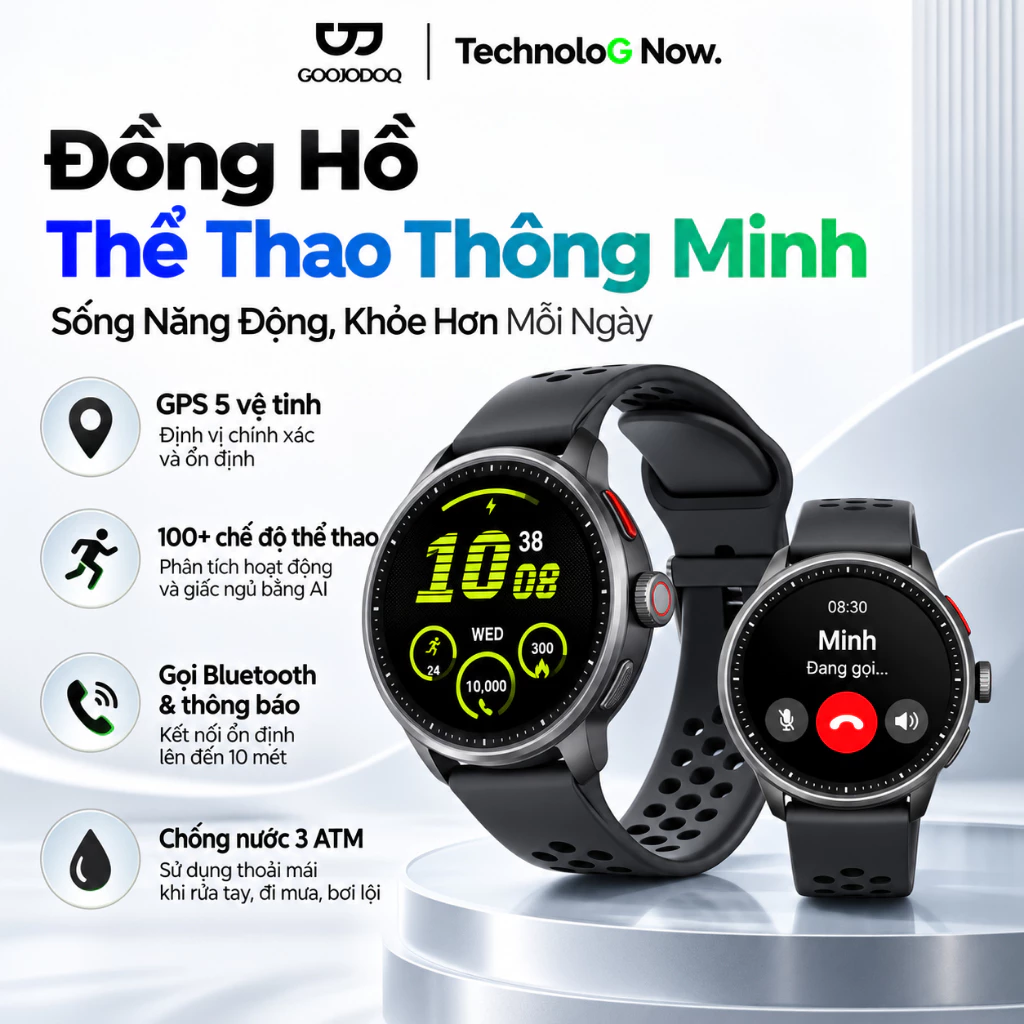 GOOOJODOQ Smartwatch AMOLED GPS 5 Vệ Tinh, Gọi Bluetooth, Theo Dõi Sức Khỏe AI, 3ATM, 100+ Chế Độ Thể Thao