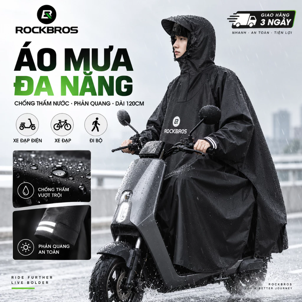 【Giao hàng 3 ngày】Áo Mưa Xe Điện Đa Năng ROCKBROS Phụ Kiện Xe Đạp Đi Làm Đi Học Đi Bộ Du Lịch Phượt Chống Thấm Nước Phản Quang Có Mũ Trùm Dài 120cm