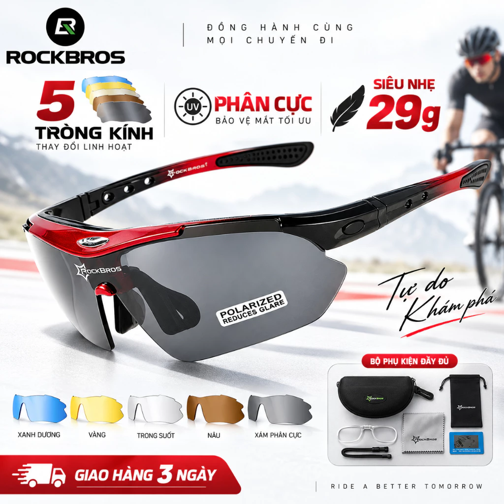 【Giao hàng 3 ngày】ROCKBROS Kính Râm Đi Xe Đạp Phân Cực 29g Kèm 5 Tròng Kính Chống Gió Chống Bụi Siêu Nhẹ Cho Nam Nữ Road MTB Thể Thao