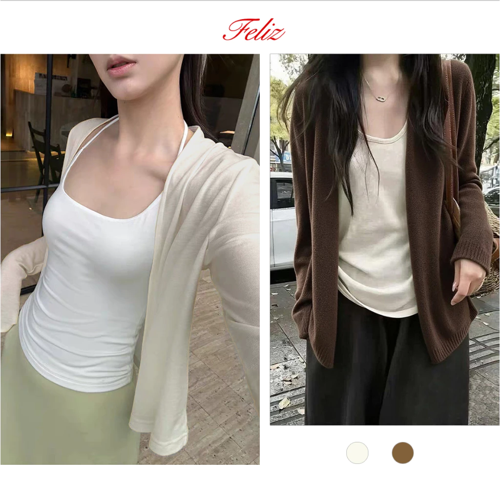 FELIZ | Áo len Cardigan dài tay nhẹ mùa xuân 2026 Hàn Quốc chống nắng, làm phẳng và làm sáng da, thoáng khí và mát mẻ, cà phê đen ngà