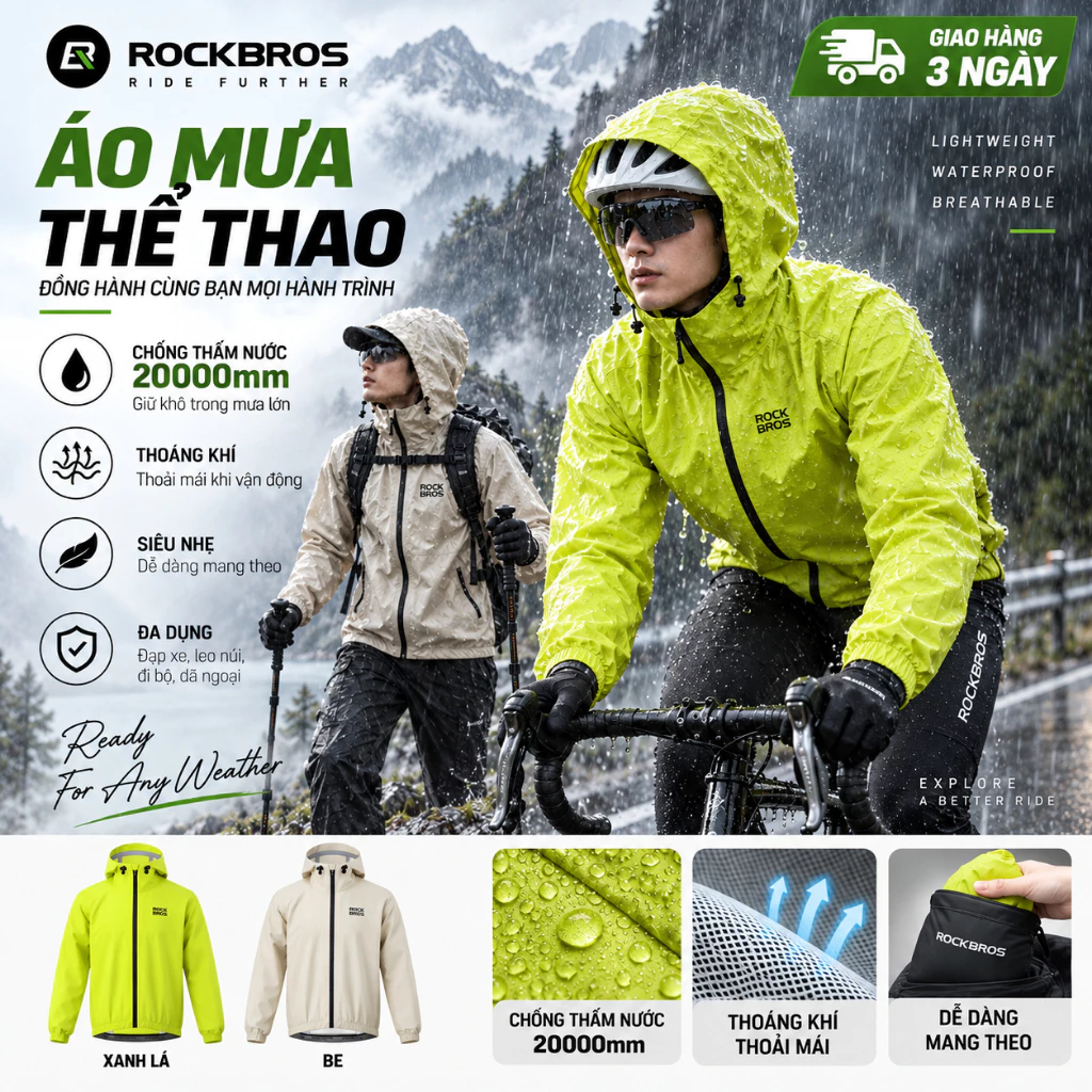 【Giao hàng 3 ngày】ROCKBROS Áo Mưa Xe Đạp Thể Thao Chống Thấm 20000mm Thoáng Khí Siêu Nhẹ Có Mũ Trùm Gấp Gọn Cho Đạp Xe Leo Núi Đi Bộ Dã Ngoại