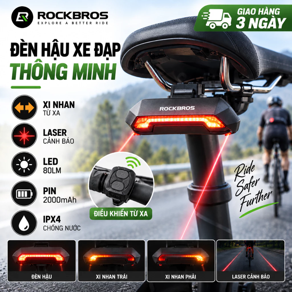 【Chính hãng】ROCKBROS Đèn Hậu Xe Đạp Thông Minh Điều Khiển Từ Xa Xi Nhan Trái Phải Laser Cảnh Báo LED Sạc USB Chống Nước Cho Road MTB