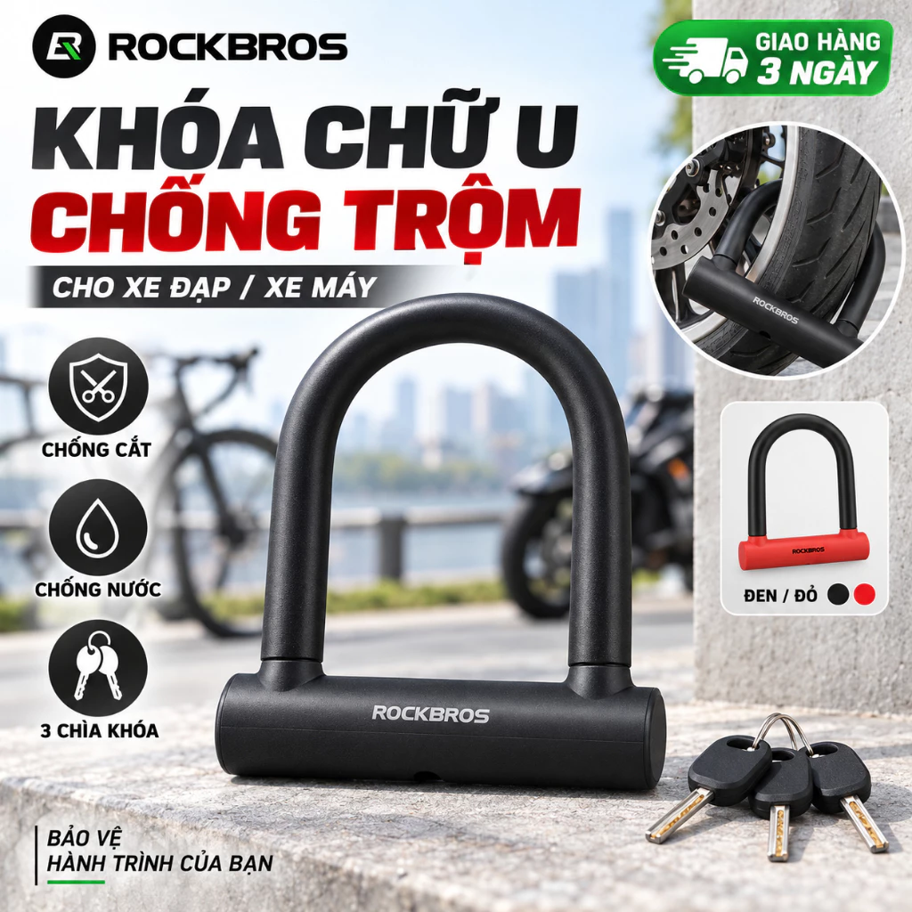 【Chính hãng】ROCKBROS Khóa Xe Đạp Chữ U Chống Trộm Thép Hợp Kim Dày 14mm Khóa Kép Chống Nước 3 Chìa Khóa Cho Xe Đạp Xe Máy