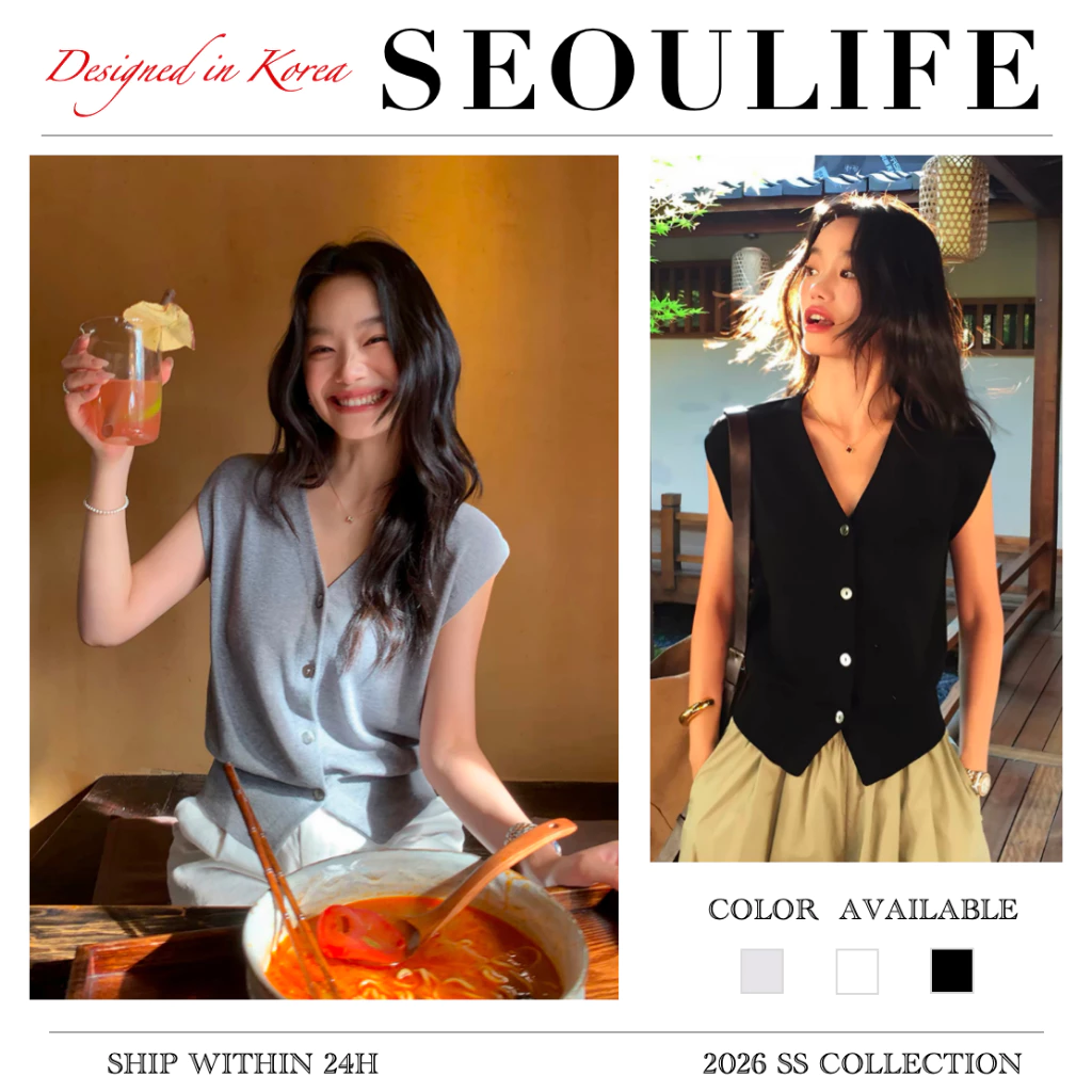 SEOULIFE | 2026 Phong Cách Thanh Lịch Hàn Quốc Cổ Chữ V Không Tay Nút Đan Áo Cardigan, Hiệu Ứng Giảm Béo & Làm Sáng Đa Năng, Mềm Mại & Thoải Mái, Đen IVORY Xám