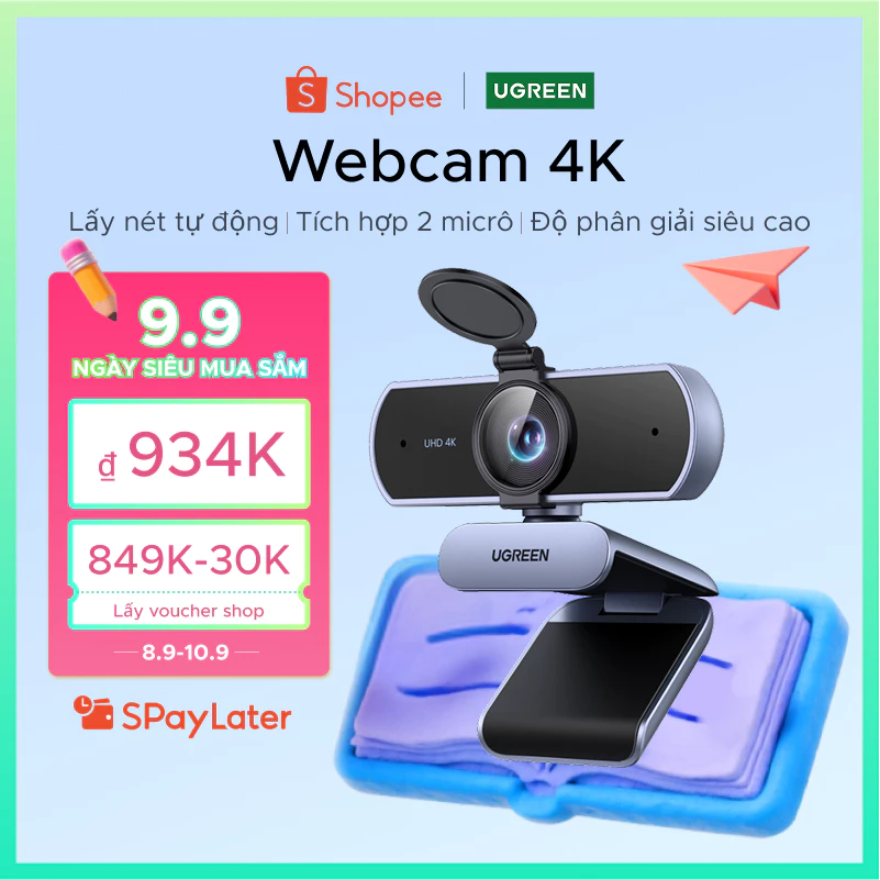 Webcam UGREEN 4K/2K/1080P cho PC Ultra HD 30FPS Web Camera có micrô, Vỏ bảo mật, 70° Fov, PDAF Tự động lấy nét, Bộ chuyển đổi USB A và USB C, Plug & Play, để phát trực tuyến, hội nghị