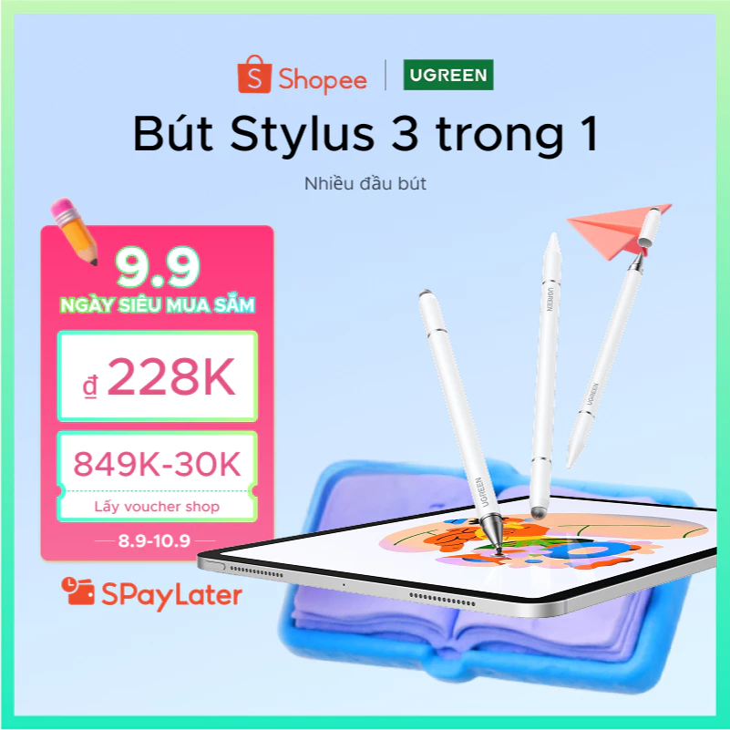 Bút cảm ứng Stylus đa năng từ tính 3 trong 1 UGREEN, Thiết kế 3 đầu bút, Không sạc, Chống sốc, Có sẵn để viết / Vẽ / Chơi game, cho iPad 2024/ iPad Air/ iPad Pro/ Galaxy Tab A11/Galaxy Tab A9+/Redmi Pad SE
