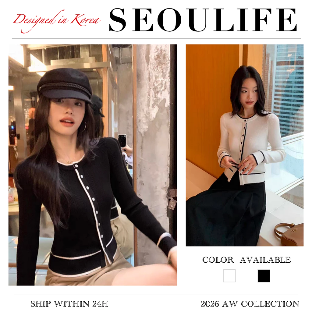 SEOULIFE | Áo khoác len dệt kim cổ tròn tương phản cổ tròn phong cách Hàn Quốc mùa thu 2026, hiệu ứng giảm béo và làm sáng đa năng, mềm mại, thoải mái & ấm áp, đen trắng