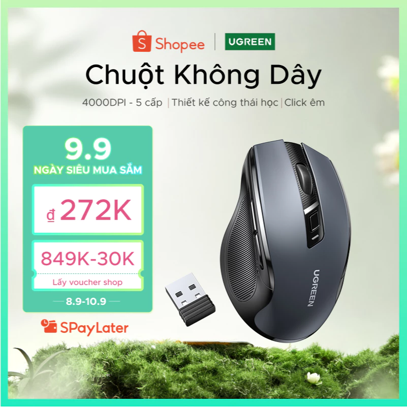 Chuột không dây UGREEN 6 nút bấm 5 cấp độ DPI 4000DPI 2.4G thích hợp cho máy tính / Mac / Linux / Laptop