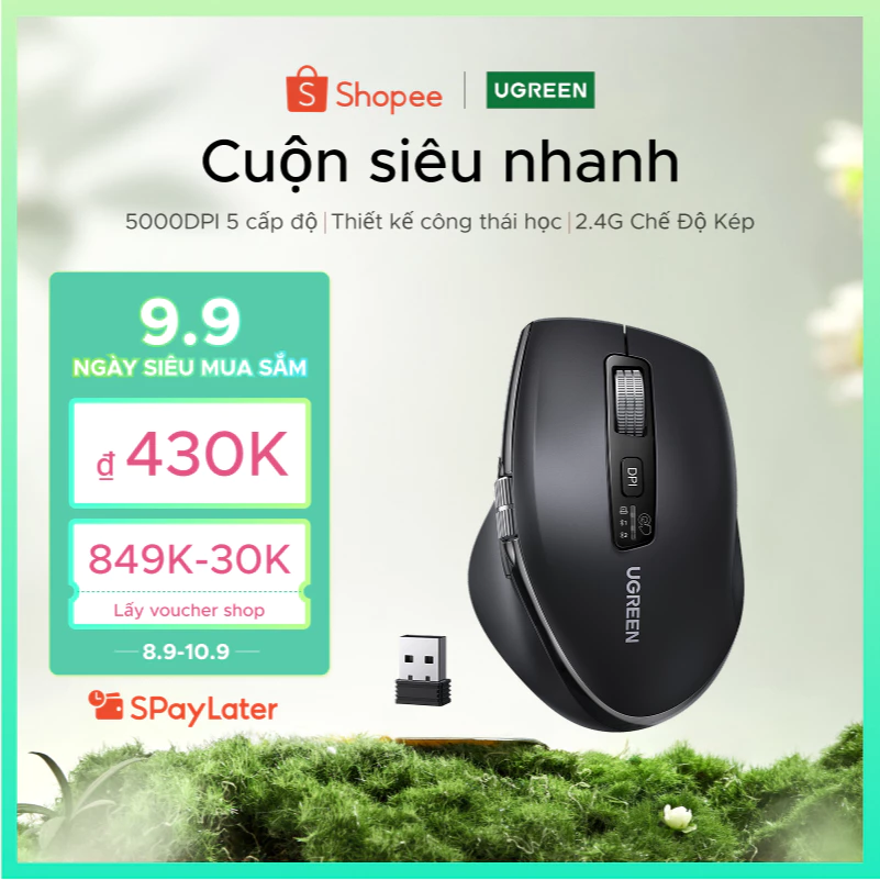 Chuột không dây cuộn siêu nhanh UGREEN Bluetooth 5.4 2.4G Công thái học 5000DPI cho máy tính bảng MacBook Máy tính xách tay Máy tính chuột