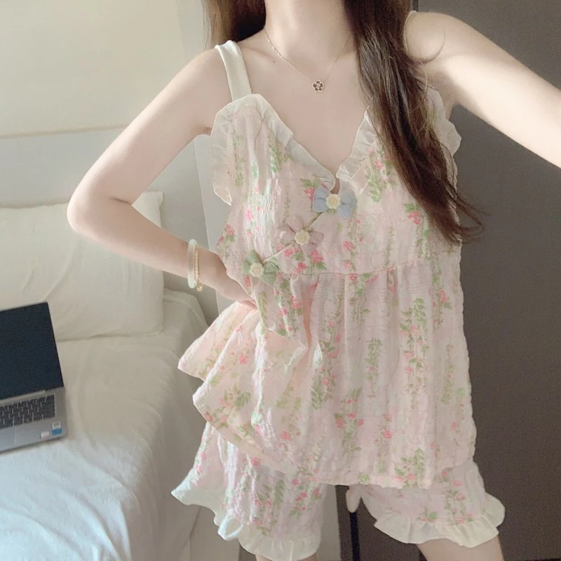 Đồ ngủ bộ nữ🌸đồ ngủ 2 dây🌸Đồ ngủ nữ có mút ngực Bông mây Mùa Hè Thoáng Mát Hàn quốc Dễ thương