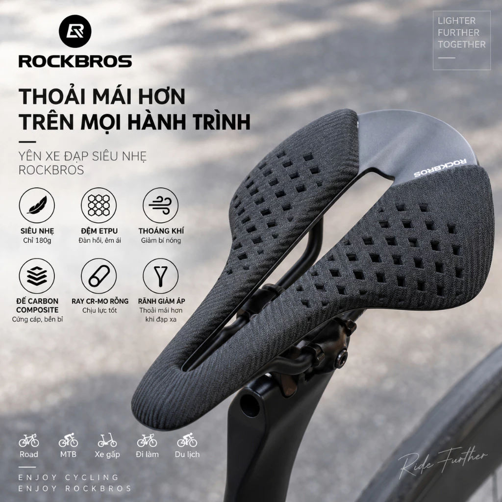 【Chính hãng】ROCKBROS Yên Xe Đạp Siêu Nhẹ 180g Đệm ETPU Thoáng Khí Rãnh Giảm Áp Đế Carbon Composite Ray Cr-Mo Rỗng Cho Road MTB Xe Gấp