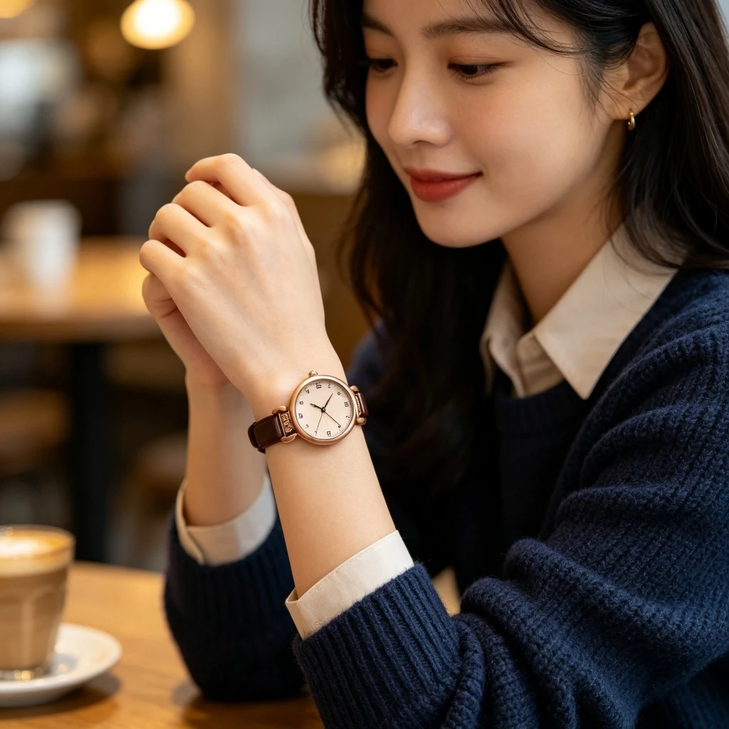 Đồng hồ nữ dây da màu nâu, mặt số màu hồng vàng viền đính đá, phong cách thanh lịch