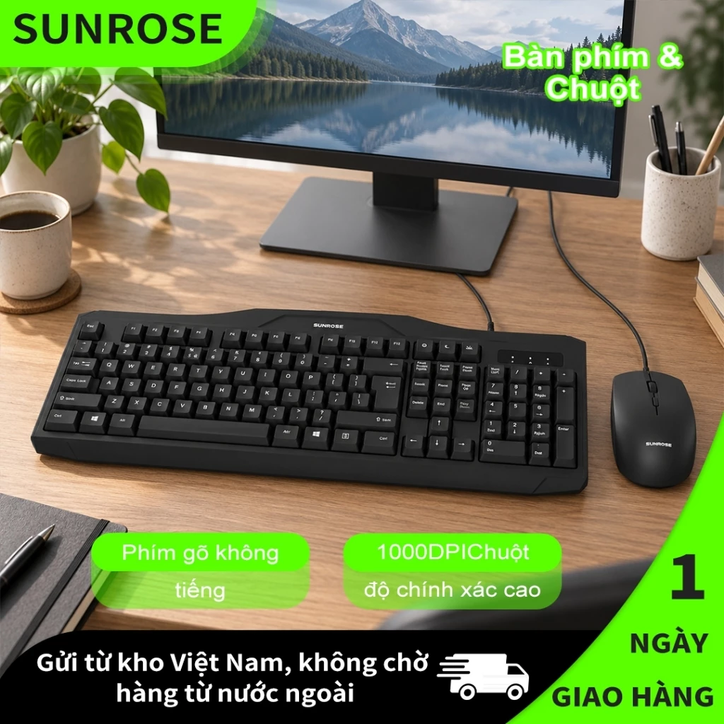 SUNROSE T24 Combo Bàn Phím Chuột Có Dây 104 Phím, Gõ Êm Chống Bắn Nước, Plug & Play, Bộ Bàn Phím Chuột Cho PC Laptop Văn Phòng Gaming