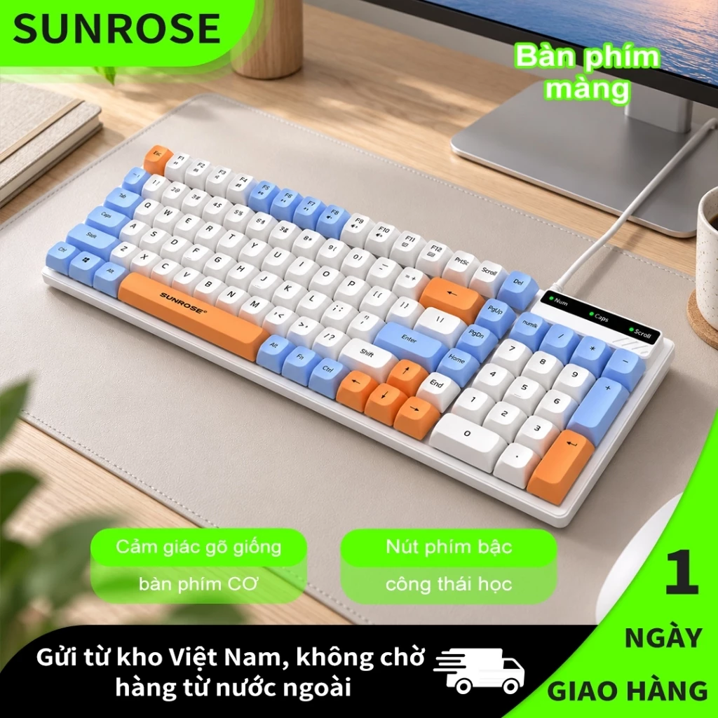 SUNROSE Bàn phím có dây Bàn phím tiện dụng cho văn phòng Cảm giác cơ khí Thiết kế tiện dụng Chống bụi & Chống văng Bàn phím dễ thương đầy màu sắc cho văn phòng tại nhà PC Laptop Keyboard có dây