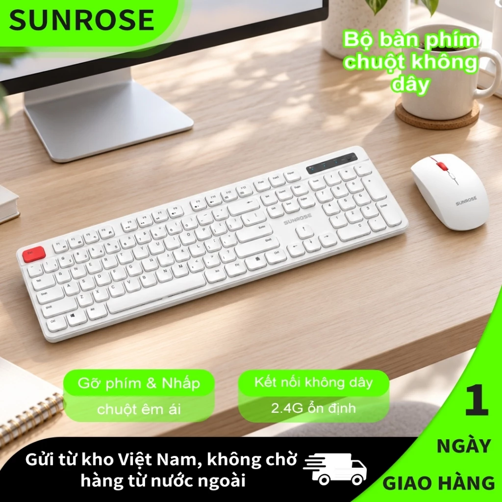 SUNROSE WT100 Bộ Bàn Phím Chuột Không Dây 2.4G, Combo Gõ Êm, Chuột Máy Tính 1600 DPI, Mỏng Nhẹ Tiết Kiệm Pin Cho PC Laptop Văn Phòng Gaming