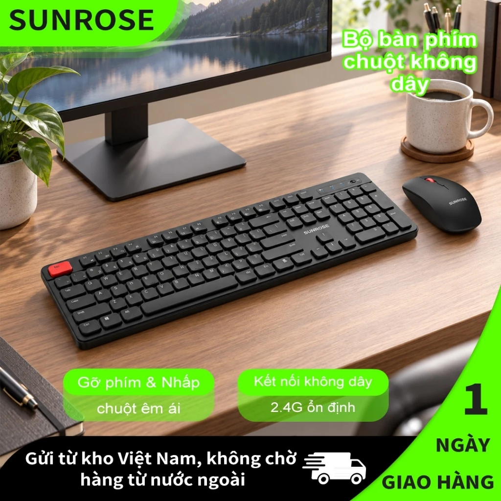 SUNROSE WT100 Bộ Bàn Phím Chuột Không Dây 2.4G, Combo Gõ Êm, Chuột Máy Tính 1600 DPI, Thiết Kế Mỏng Nhẹ Công Thái Học Cho PC Laptop Văn Phòng