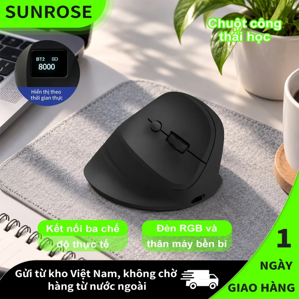 SUNROSE RF02 Chuột Công Thái Học Dọc, Chuột Không Dây Bluetooth 3 Chế Độ Có Dây/2.4G/BT, Hiển Thị DPI & Pin, Chống Mỏi Tay Cho PC Laptop