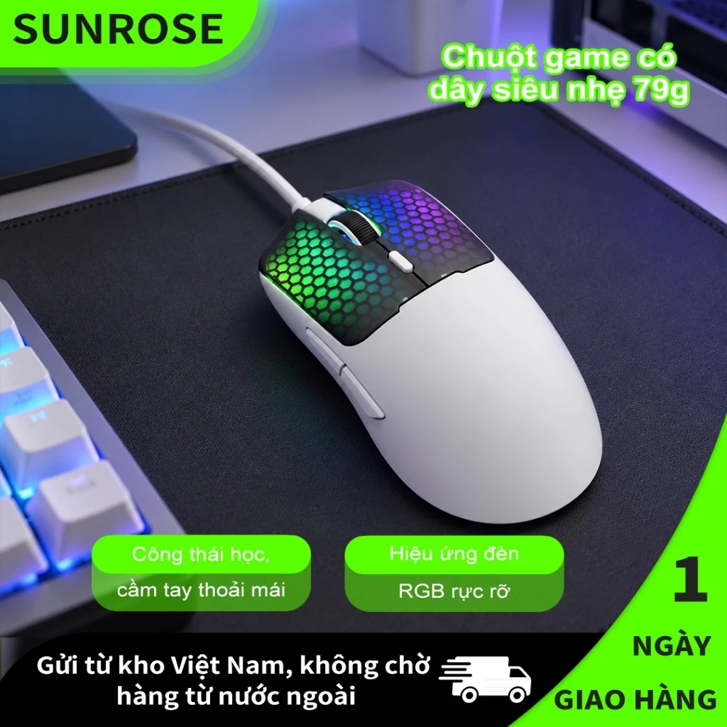 SUNROSE G1 Chuột Gaming RGB Có Dây 79g, Chuột Máy Tính Siêu Nhẹ 7200 DPI, Macro Lập Trình, Vỏ Tổ Ong Thoáng Nhẹ Cho PC Laptop FPS