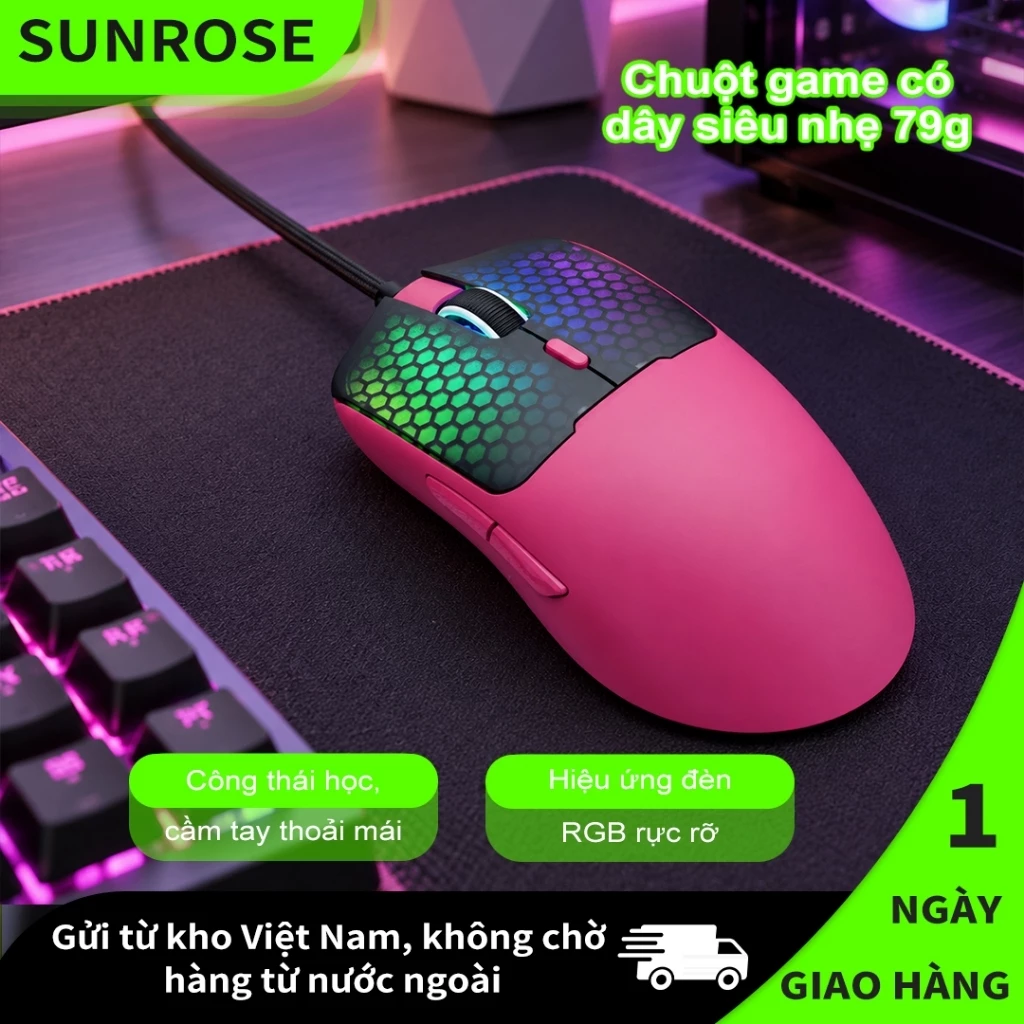 SUNROSE G1 Chuột Gaming RGB Siêu Nhẹ 79g, Chuột Có Dây 7200 DPI, Macro Lập Trình, Vỏ Tổ Ong Công Thái Học Cho PC Laptop FPS Gaming