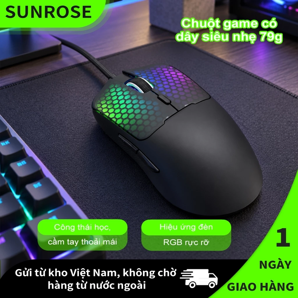 SUNROSE G1 Chuột Gaming Có Dây Siêu Nhẹ 79g, 7200 DPI, Đèn RGB, Macro Lập Trình, Vỏ Tổ Ong Thoáng Nhẹ Cho PC Laptop Gaming Văn Phòng