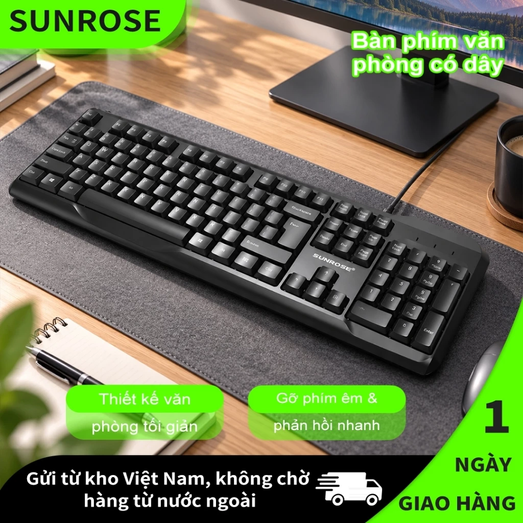 SUNROSE 9816 Bàn Phím Có Dây Cho PC Laptop, Bàn Phím Máy Tính Gõ Êm, Thiết Kế Mỏng Nhẹ Tối Giản, ABS Bền, Plug & Play Cho Văn Phòng