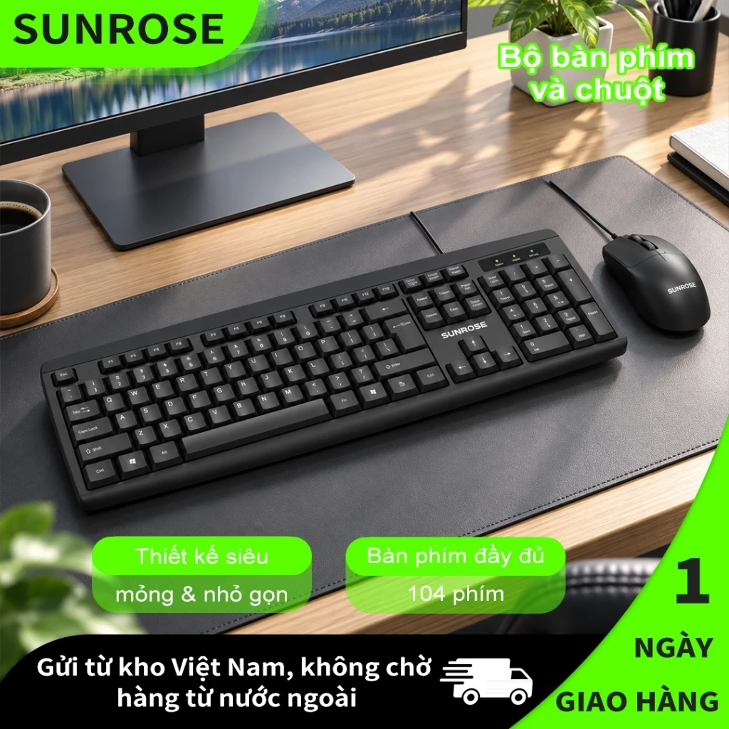 SUNROSE T13 Combo Bàn Phím Chuột Có Dây 104 Phím, Bàn Phím Full Size Siêu Mỏng 15mm, Gõ Êm, Ký Tự Chống Mài Mòn Cho PC Laptop Văn Phòng