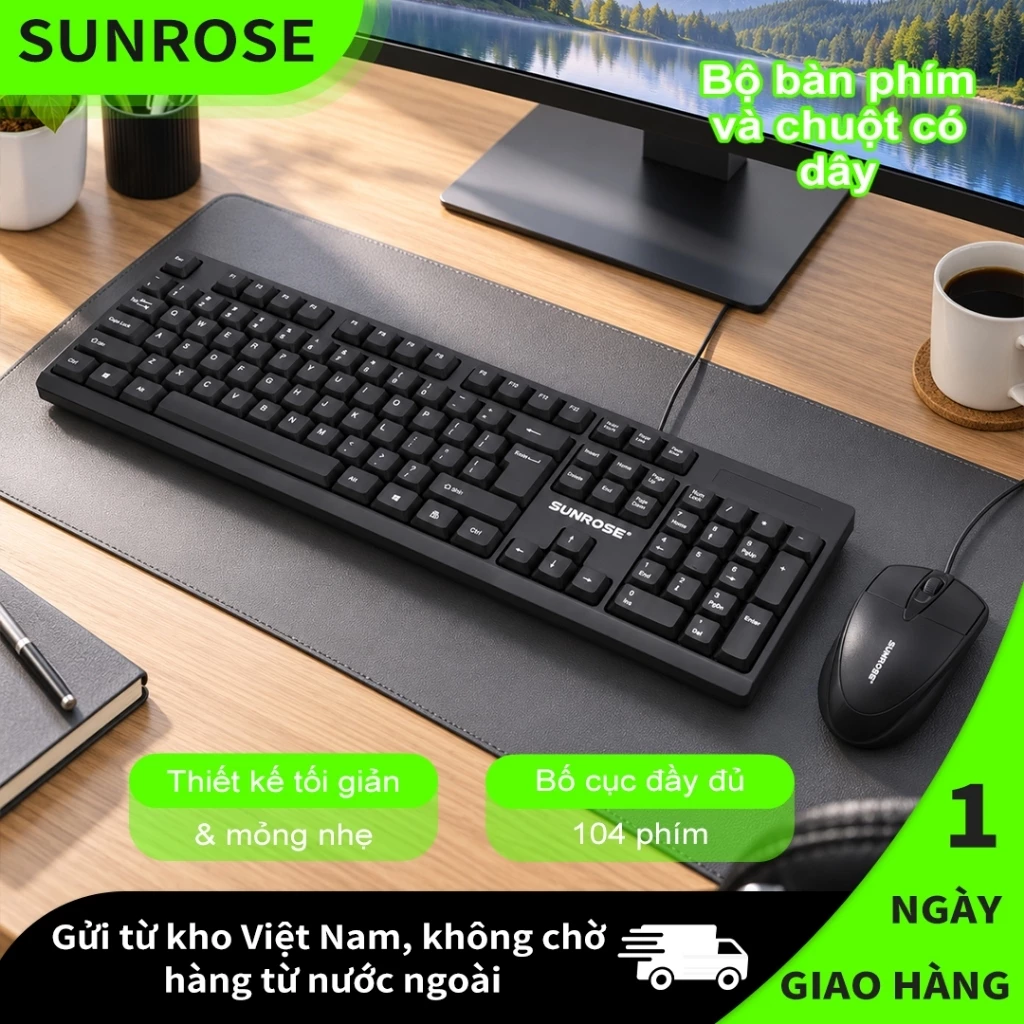 SUNROSE MK10 Combo Bàn Phím Chuột Có Dây 104 Phím, Gõ Êm Chống Bắn Nước, Keycap Lõm Chống Mài Mòn, Plug & Play Cho PC Laptop Văn Phòng Gaming