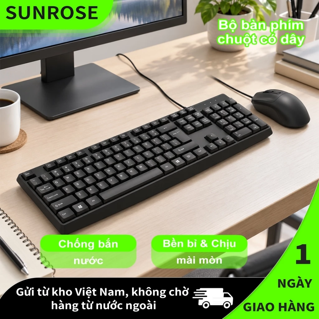 SUNROSE CAS-300 Combo Bàn Phím Chuột Có Dây, Bàn Phím Full Size Chống Bắn Nước, Chuột Máy Tính Plug & Play Cho PC Laptop Văn Phòng Gaming