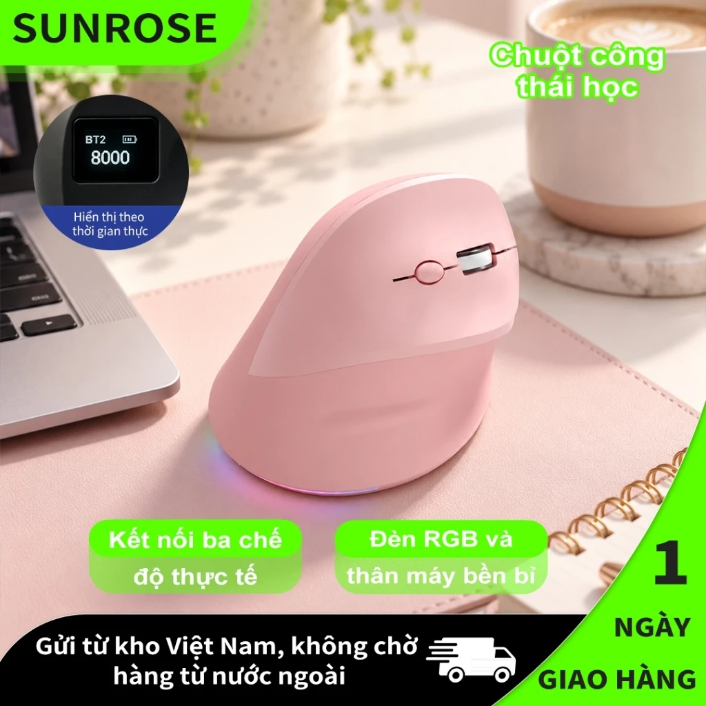 SUNROSE Chuột Dọc Công Thái Học 3 Chế Độ Có Dây/2.4G/Bluetooth, Chuột Không Dây Chống Mỏi Tay, Màn Hình DPI & Pin Cho Laptop PC