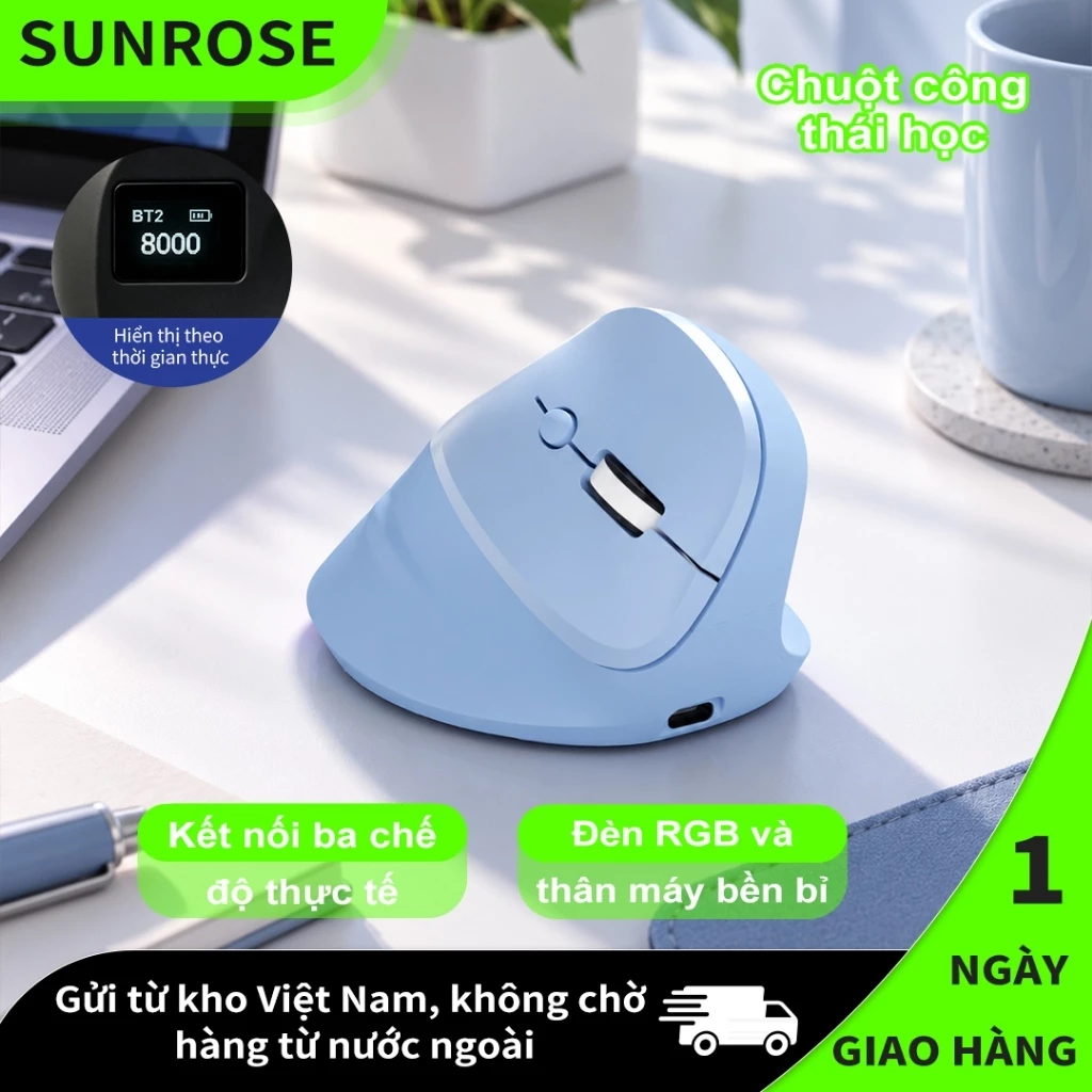 SUNROSE Chuột đứng Chuột không dây dọc tiện dụng 3 chế độ (Có dây + 2.4G + Bluetooth) Đèn báo & pin có thể sạc lại Giảm đau cổ tay cho văn phòng & chơi game