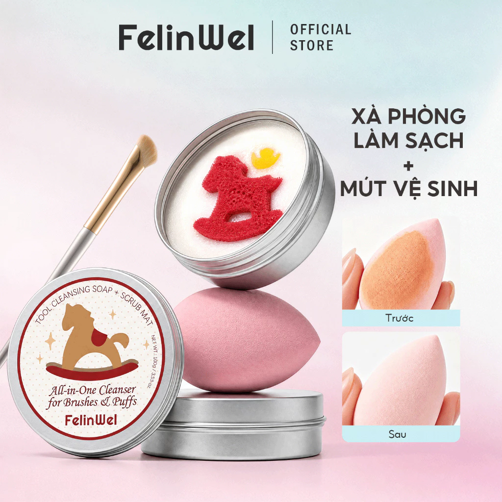 FelinWel Hộp Vệ Sinh Dụng Cụ Trang Điểm 2 trong 1, Kèm Xà Phòng Làm Sạch + Mút Vệ Sinh, Công thức dịu nhẹ
