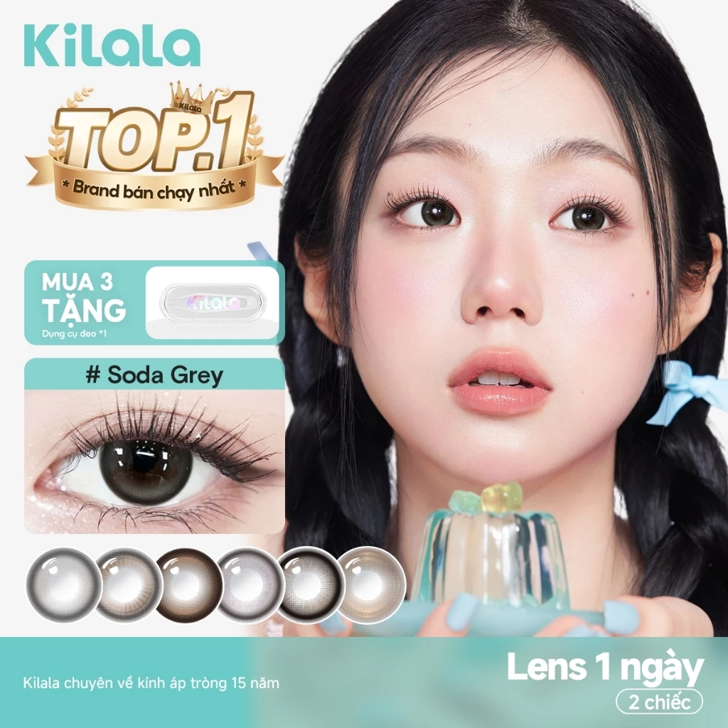 Kính áp tròng Kilala lens 1 ngày màu xám  B12 /SodaGrey/Oolong BrownDIA  14.2mm 14.5mm và màu xám  lens cận  có độ (0-7) 2 chiếc