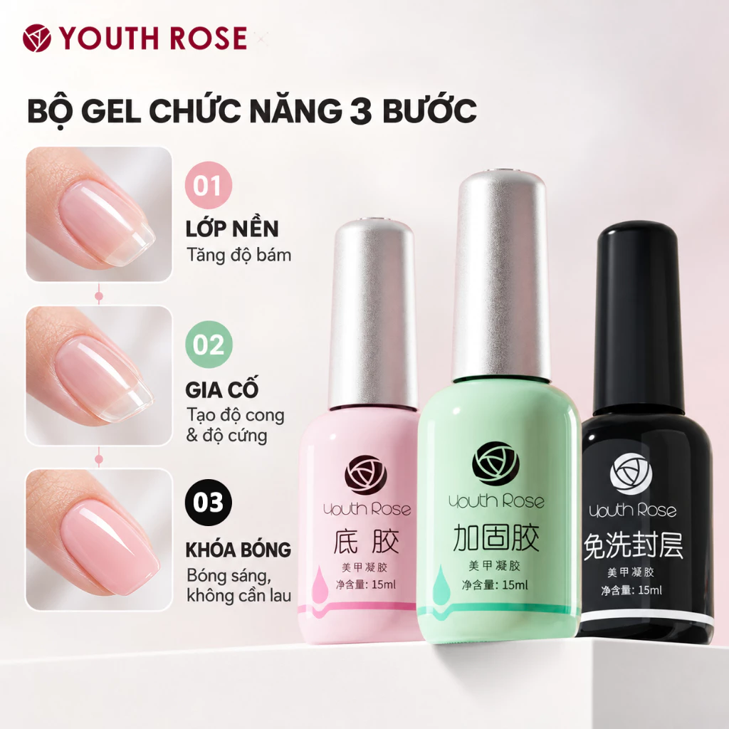 Youth Rose Base top hoa hồng chính hãng 15ml-gel liên kết top phủ bóng cứng móng cao cấp - Nails Red