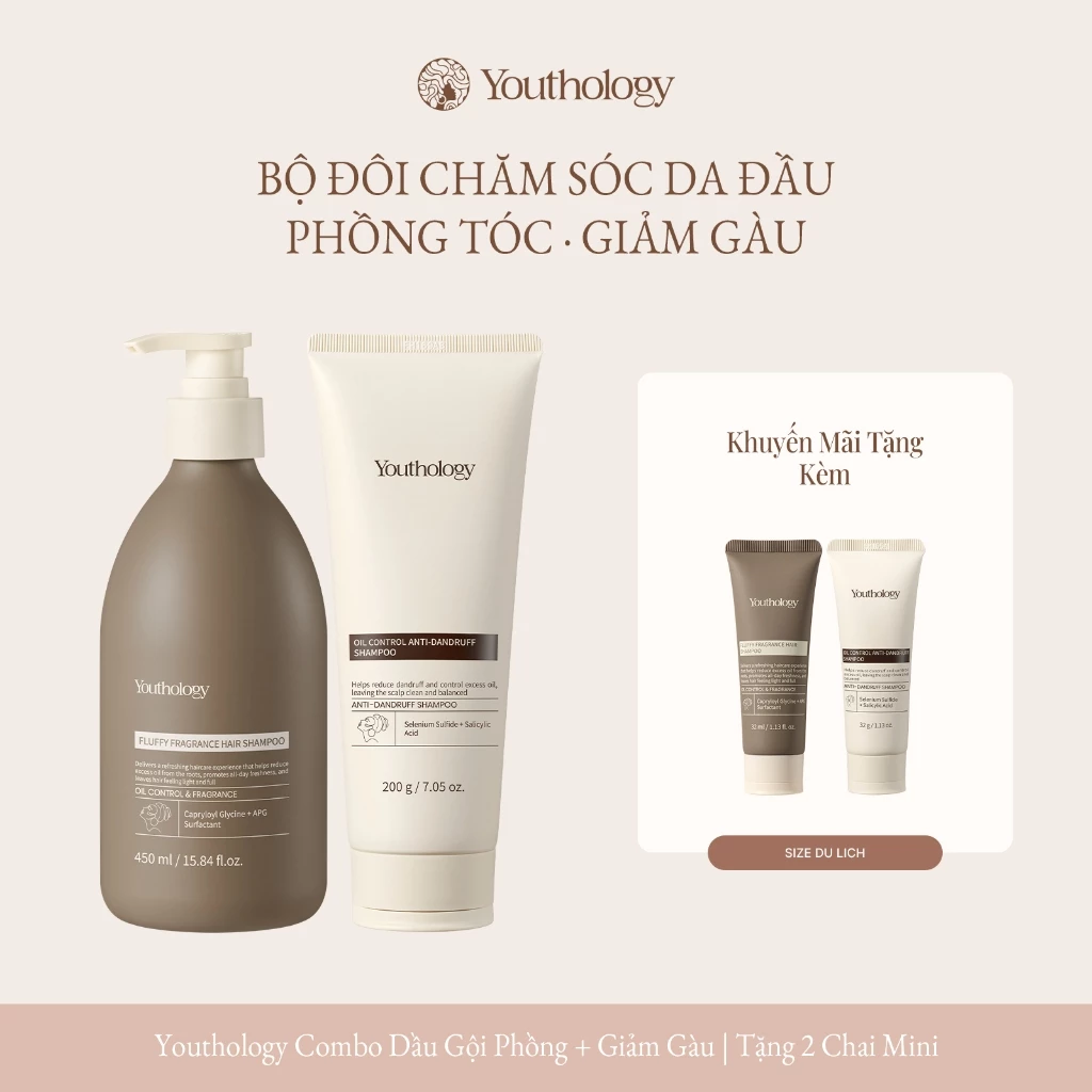 Youthology Combo Dầu Gội 450ml & Dầu Gội Trị Gàu 200g - Tóc Bồng Bềnh, Kiểm Soát Dầu, Giảm Gàu & Sạch Da Đầu