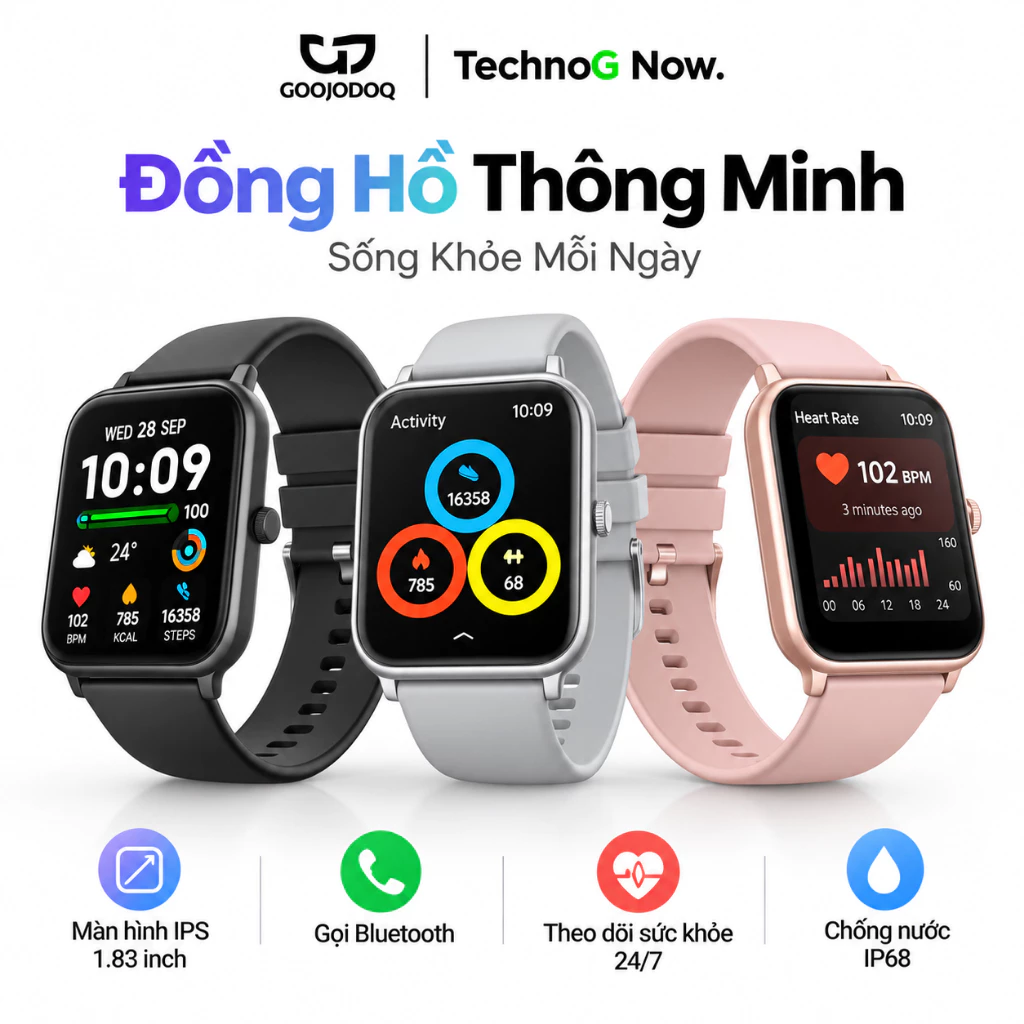 GOOJODOQ Đồng Hồ Thông Minh 1.83 Inch IPS, Gọi Bluetooth, IP68, Theo Dõi Sức Khỏe 24/7, 120+ Chế Độ Thể Thao