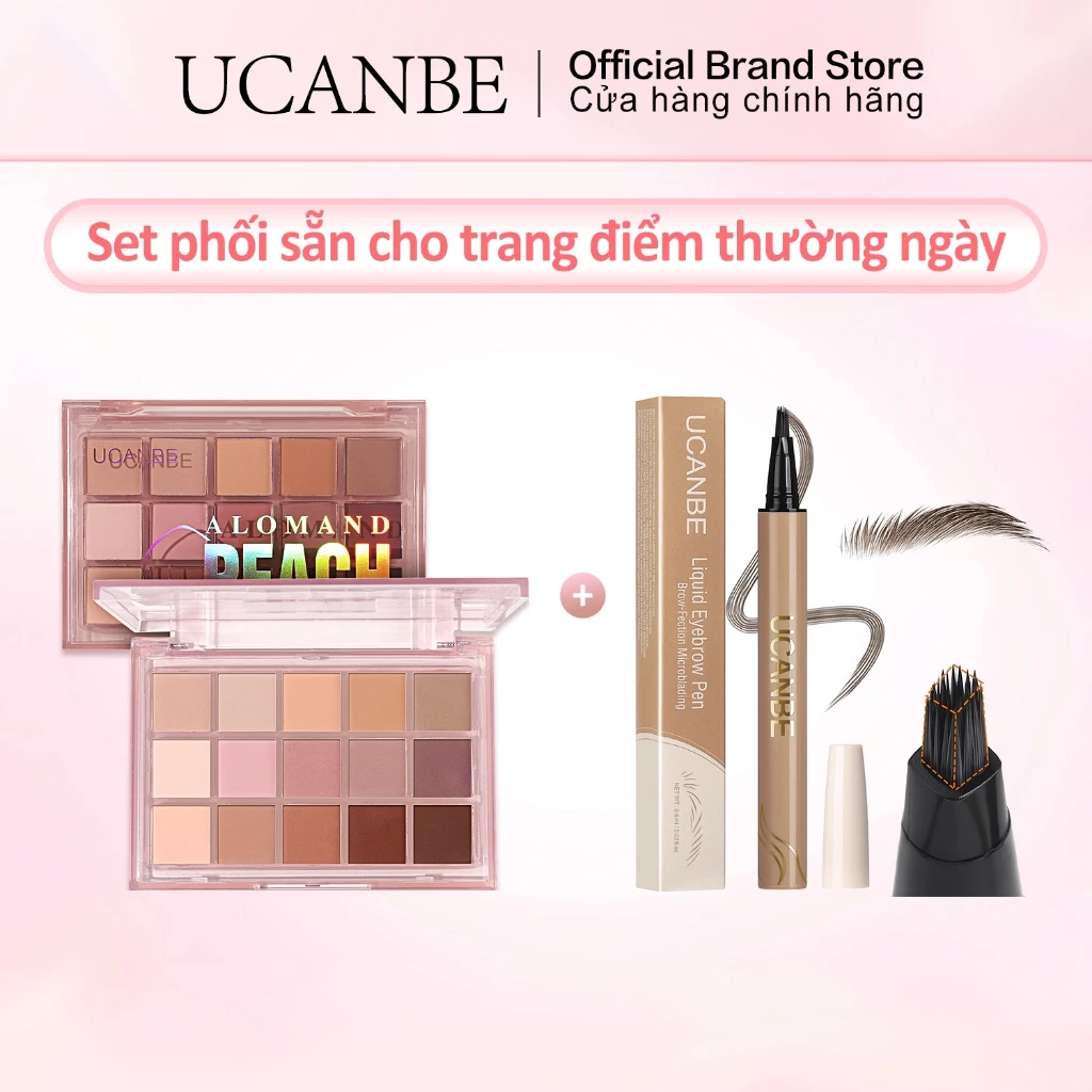 Bảng Phấn Mắt UCANBE Peach 15 Màu Shimmer Matte & Microblade Brow Pen Ash Brown / Nâu Đậm Combo, Chống Thấm Nước